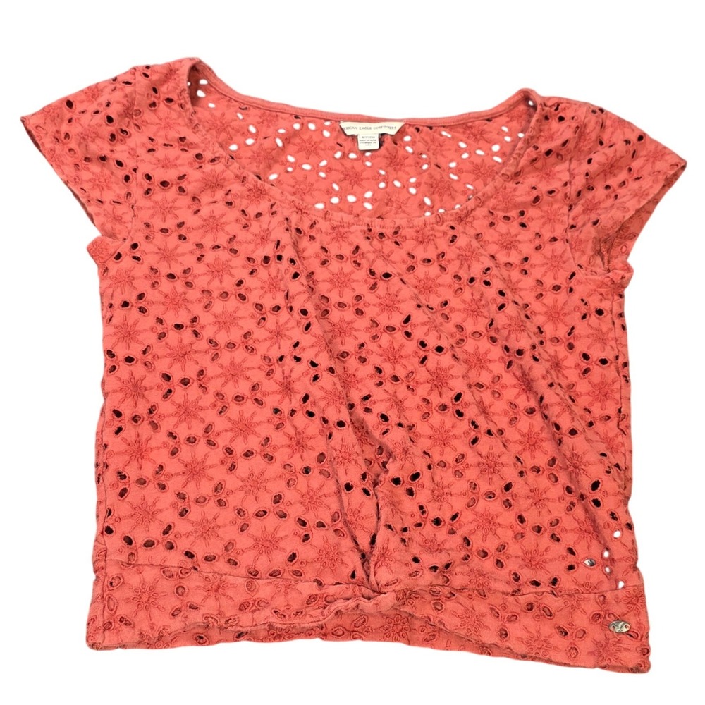 American Eagle Eyelet Lace Crop Top Women's Size S Coral Pink Knot Front